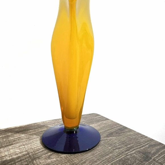 Vtge Blenko Glass Millennium Opaline Yellow Cobalt 12.25” Label Signed Fan Vase - Picture 3 of 7